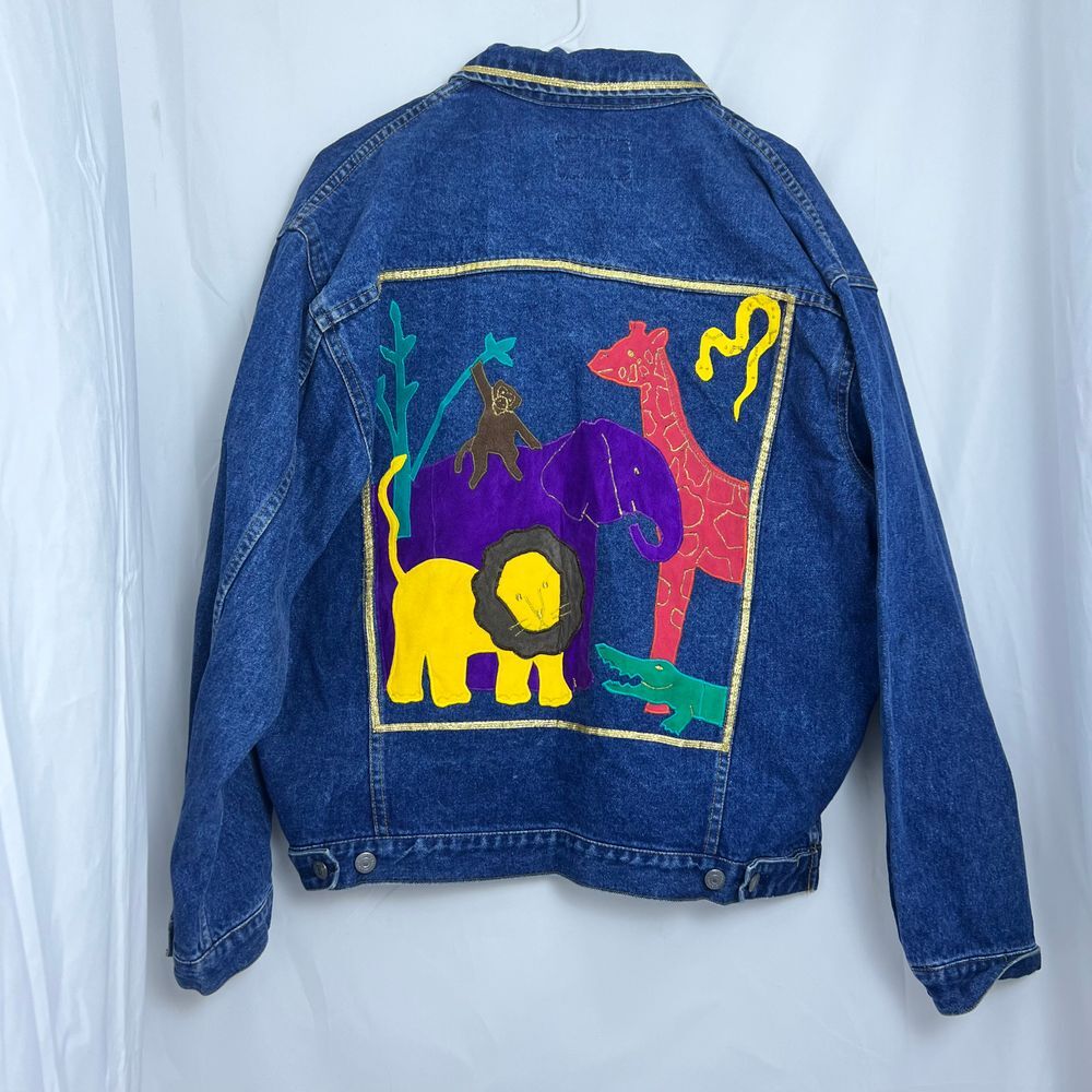 Vintage‎ Rock Creek Safari Animals Denim Jacket Gold Trim Applique L